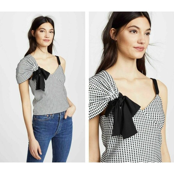 Club Monaco Tops - CLUB MONACO Top S Black White Gingham One Shoulder  Asymmetric Bow Kuruna